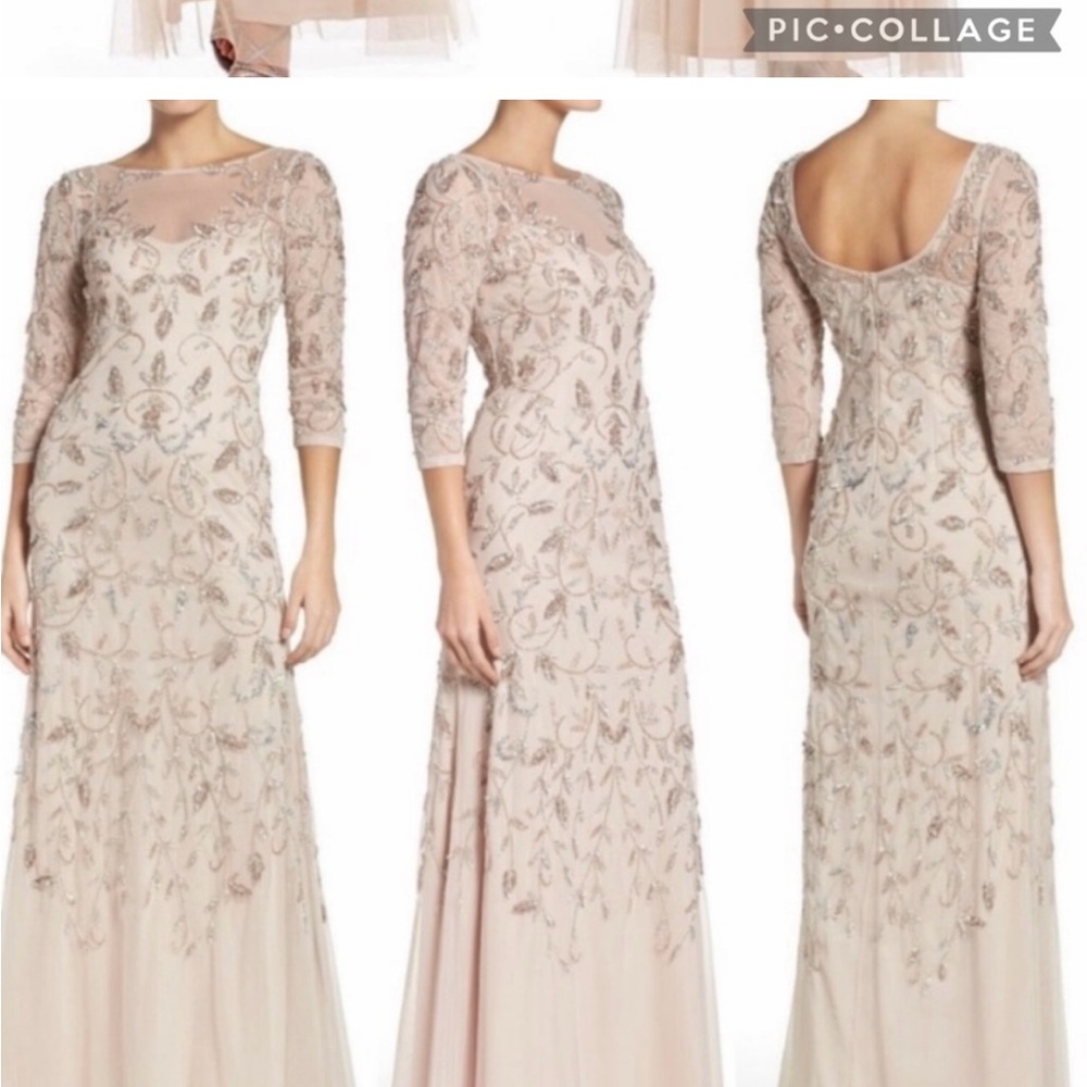 Adrianna Papell beaded illusion, neckline, 3/4 length sleeve long dress